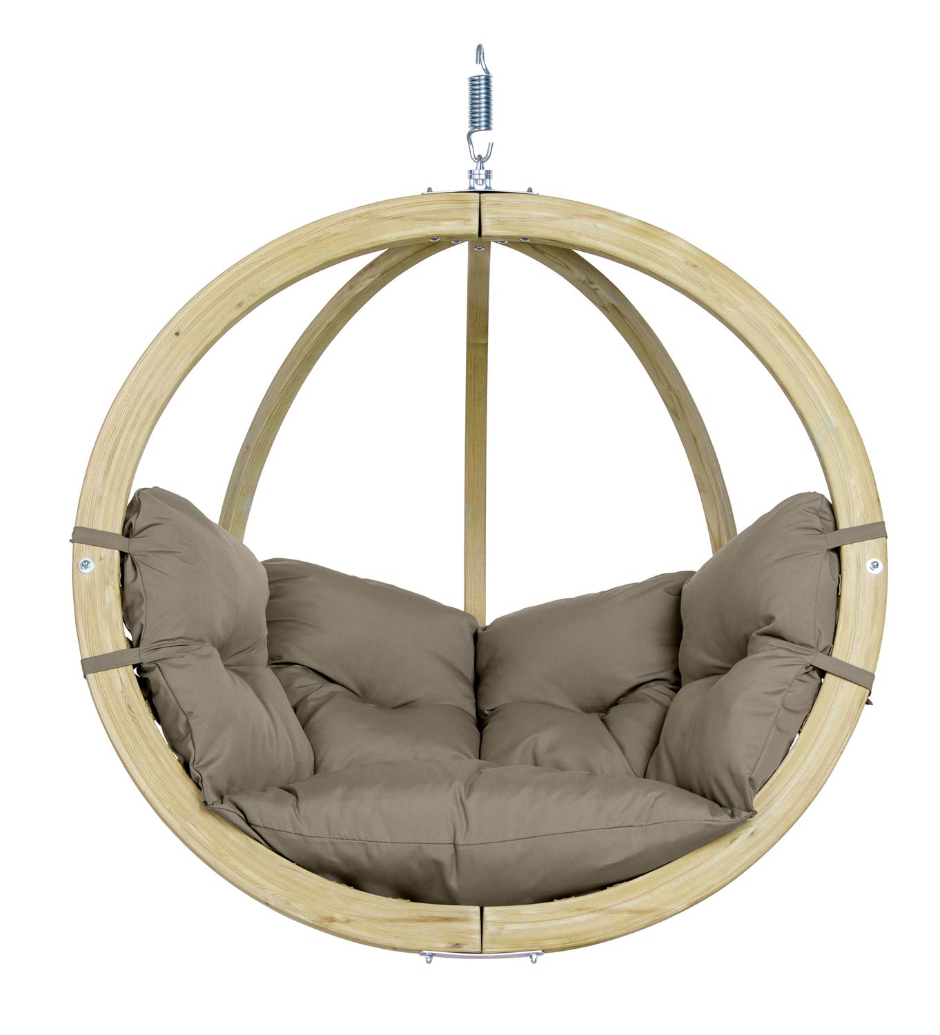 Fauteuil suspendu – Guscio – Loveuse suspendue en corde beige et coussin  taupe. siège rétro rond. hamac