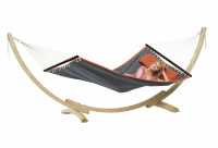 The American Dream Hammock Set by AMAZONAS consists of the XL Premium American Dream Rod Hammock and the wooden frame Apollo