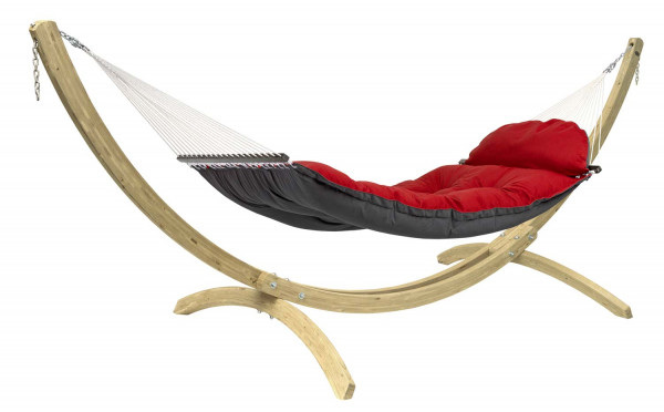 The AMAZONAS set consists of the luxurious rod hammock Fat Hammock and the adjustable wooden frame Apollo